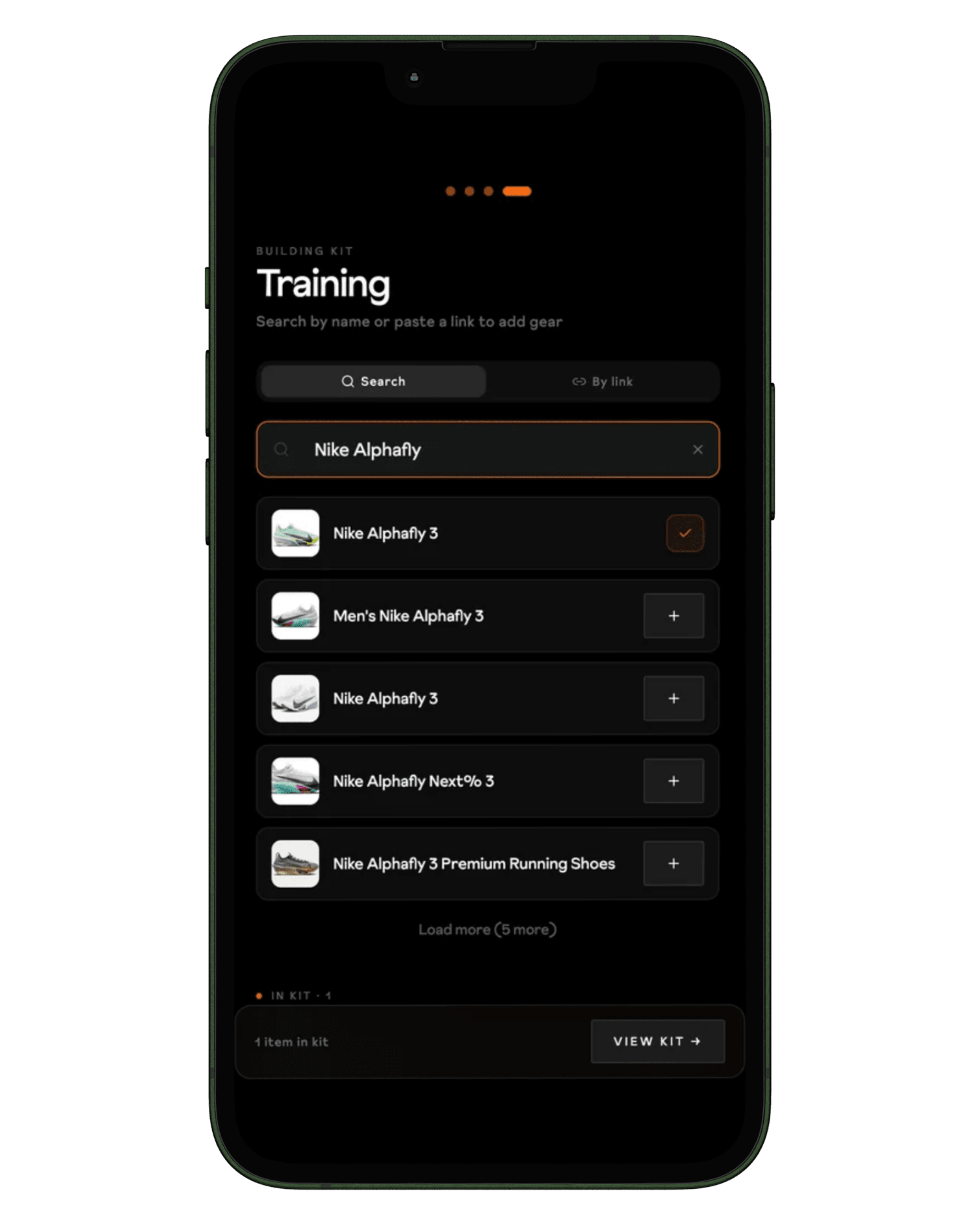 sbonssy app — building a kit by searching for and adding gear