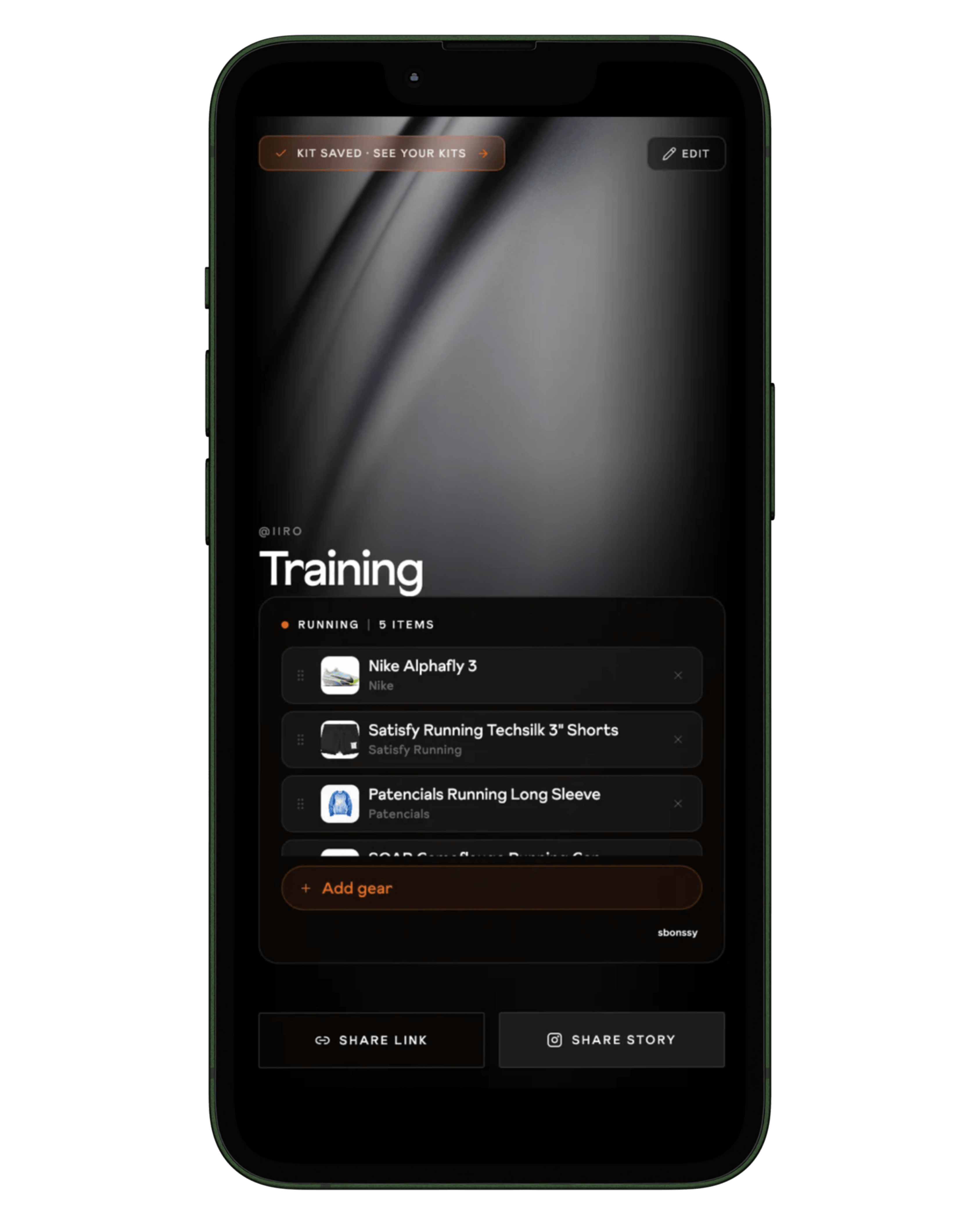 sbonssy app — a saved kit ready to share